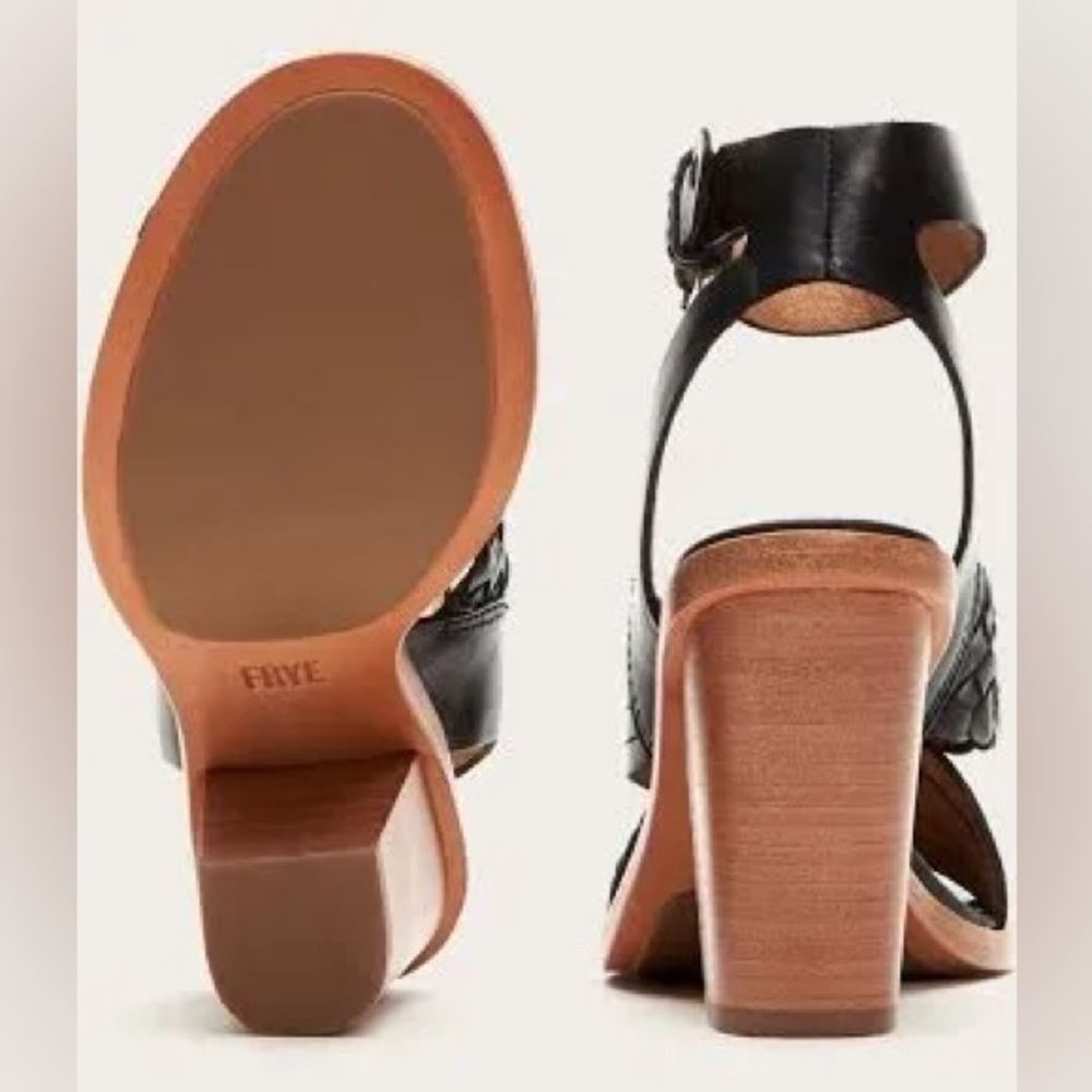 Frye NEW Sara Criss Cross Black Leather Strap Sandal Heels size 7.5 - Picture 5 of 9